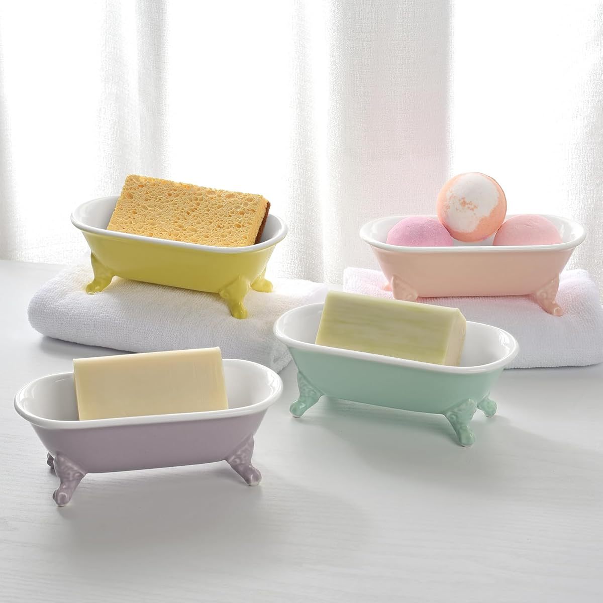 1-Pack 6.5" Plastic Mini Clawfoot Bathtub Soap Dish & Sponge Holder - Decorative Rectangular Bathroom Organizer with Lavender Design, Multi-Use Shower Tray for Kitchen or Bathroom Accessories
