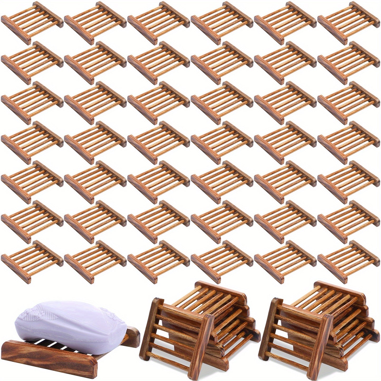 50pcs Bamboo Wood Soap Dish Bulk Bathroom Wooden Soap Holder Savers Self Draining Dishes Handcraft Tray, 3.3 X 3.3 X 0.67 Inch (Charcoal Color)