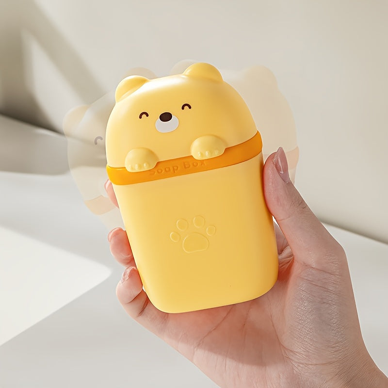 Cute Cartoon Bear Soap Dish - Leak-Proof Portable Travel Soap Box with Paw Prints, Compact Lightweight PP Plastic for Bathroom, Camping, Gym - White\u002FYellow\u002FPink