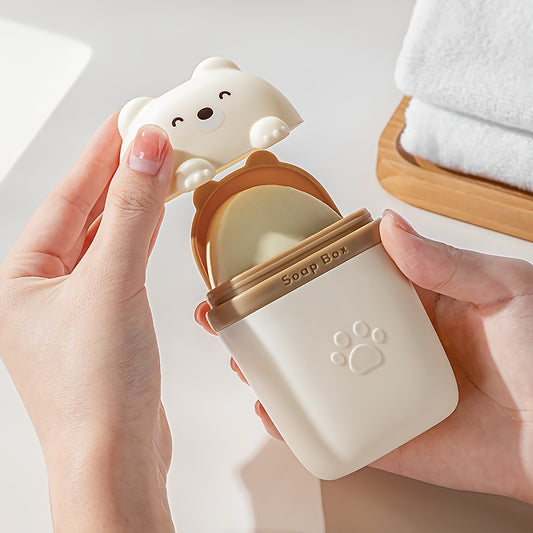 Cute Cartoon Bear Soap Dish - Leak-Proof Portable Travel Soap Box with Paw Prints, Compact Lightweight PP Plastic for Bathroom, Camping, Gym - White\u002FYellow\u002FPink