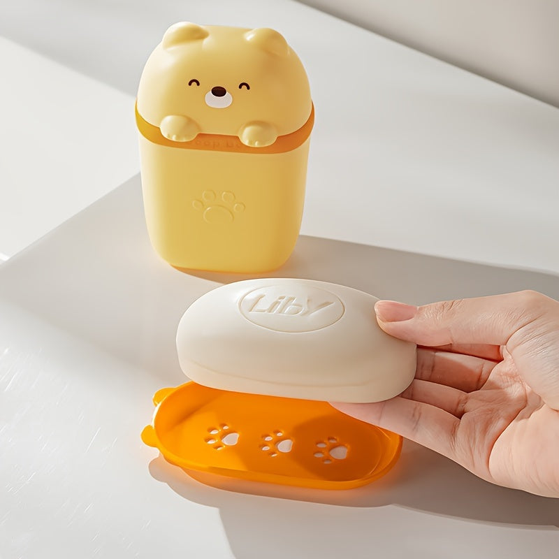 Cute Cartoon Bear Soap Dish - Leak-Proof Portable Travel Soap Box with Paw Prints, Compact Lightweight PP Plastic for Bathroom, Camping, Gym - White\u002FYellow\u002FPink
