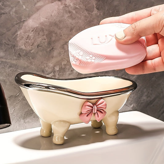 1pc, Mini Bathtub-Shaped Soap Dish, Plastic Soap Holder, Charming Bathroom Accessory With Decorative Pink Bow, Durable Soap Tray For Bathroom & Kitchen Decor