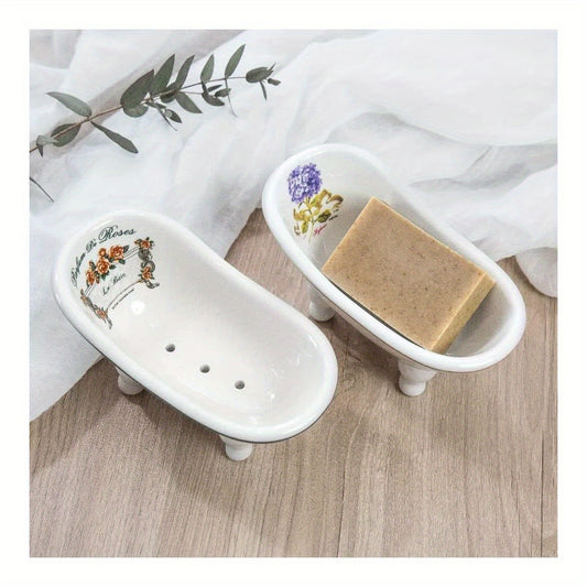 1pc Vintage Ceramic-Style Plastic Mini Clawfoot Slipper Bathtub Soap Dish - Oval 5.6 Inch Decorative Soap Holder with Purple Floral Design, White Base & Blue Accents for Bathroom Vanity, Farmhouse Decor