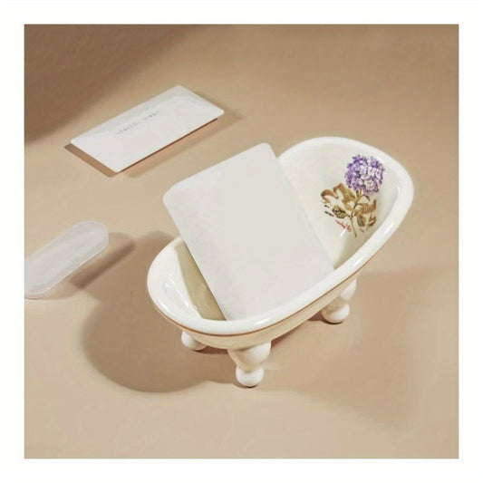 1pc Vintage Ceramic-Style Plastic Mini Clawfoot Slipper Bathtub Soap Dish - Oval 5.6 Inch Decorative Soap Holder with Purple Floral Design, White Base & Blue Accents for Bathroom Vanity, Farmhouse Decor