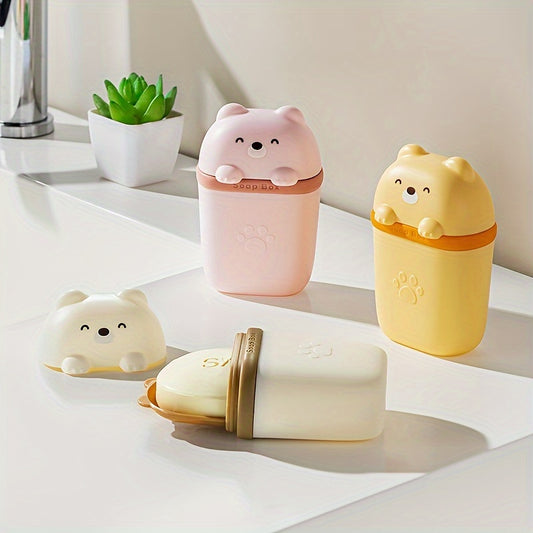 Cute Cartoon Bear Soap Dish - Leak-Proof Portable Travel Soap Box with Paw Prints, Compact Lightweight PP Plastic for Bathroom, Camping, Gym - White\u002FYellow\u002FPink