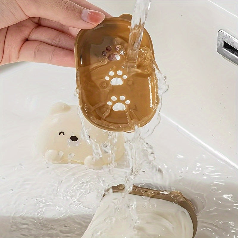 Cute Cartoon Bear Soap Dish - Leak-Proof Portable Travel Soap Box with Paw Prints, Compact Lightweight PP Plastic for Bathroom, Camping, Gym - White\u002FYellow\u002FPink