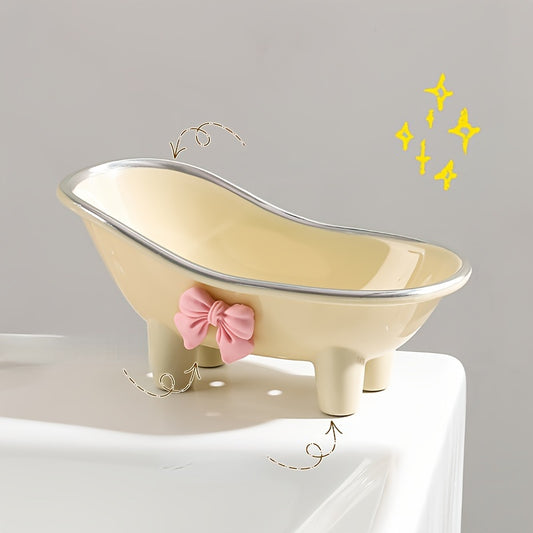 1pc, Mini Bathtub-Shaped Soap Dish, Plastic Soap Holder, Charming Bathroom Accessory With Decorative Pink Bow, Durable Soap Tray For Bathroom & Kitchen Decor