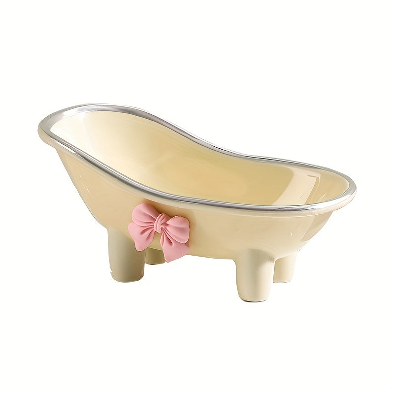 1pc, Mini Bathtub-Shaped Soap Dish, Plastic Soap Holder, Charming Bathroom Accessory With Decorative Pink Bow, Durable Soap Tray For Bathroom & Kitchen Decor
