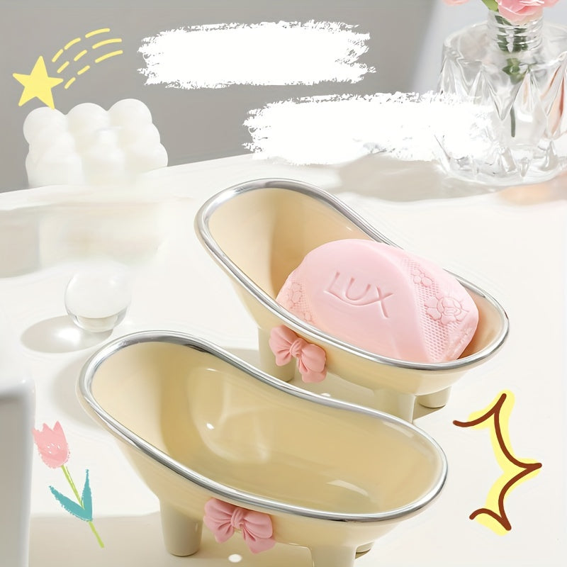 1pc, Mini Bathtub-Shaped Soap Dish, Plastic Soap Holder, Charming Bathroom Accessory With Decorative Pink Bow, Durable Soap Tray For Bathroom & Kitchen Decor