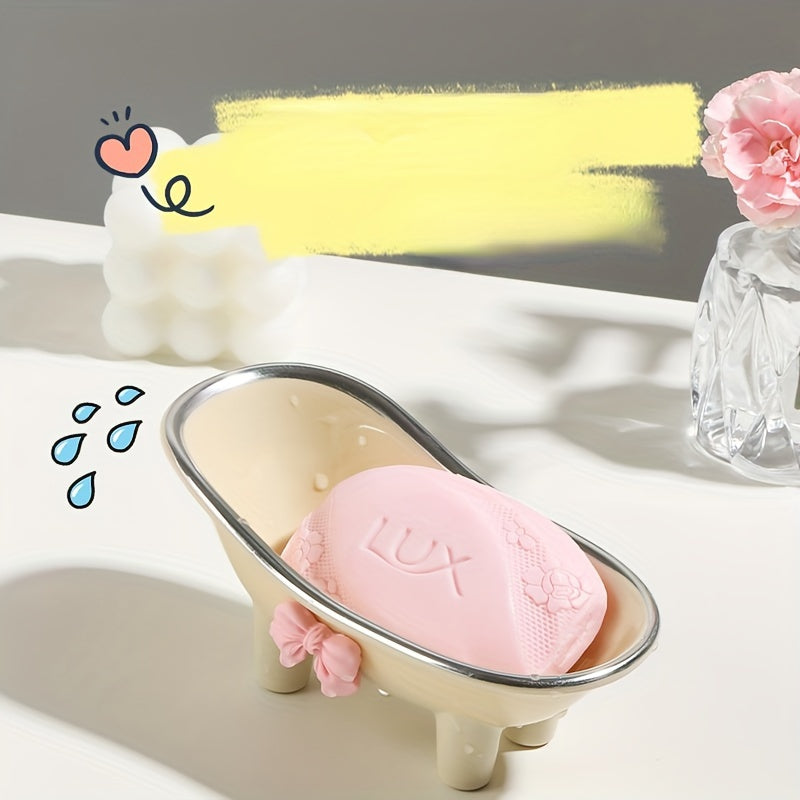 1pc, Mini Bathtub-Shaped Soap Dish, Plastic Soap Holder, Charming Bathroom Accessory With Decorative Pink Bow, Durable Soap Tray For Bathroom & Kitchen Decor