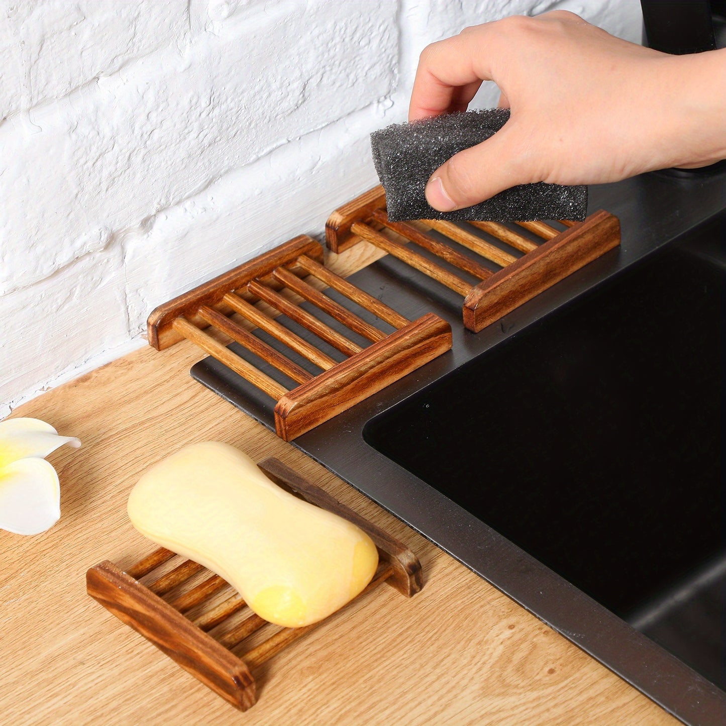 50pcs Bamboo Wood Soap Dish Bulk Bathroom Wooden Soap Holder Savers Self Draining Dishes Handcraft Tray, 3.3 X 3.3 X 0.67 Inch (Charcoal Color)