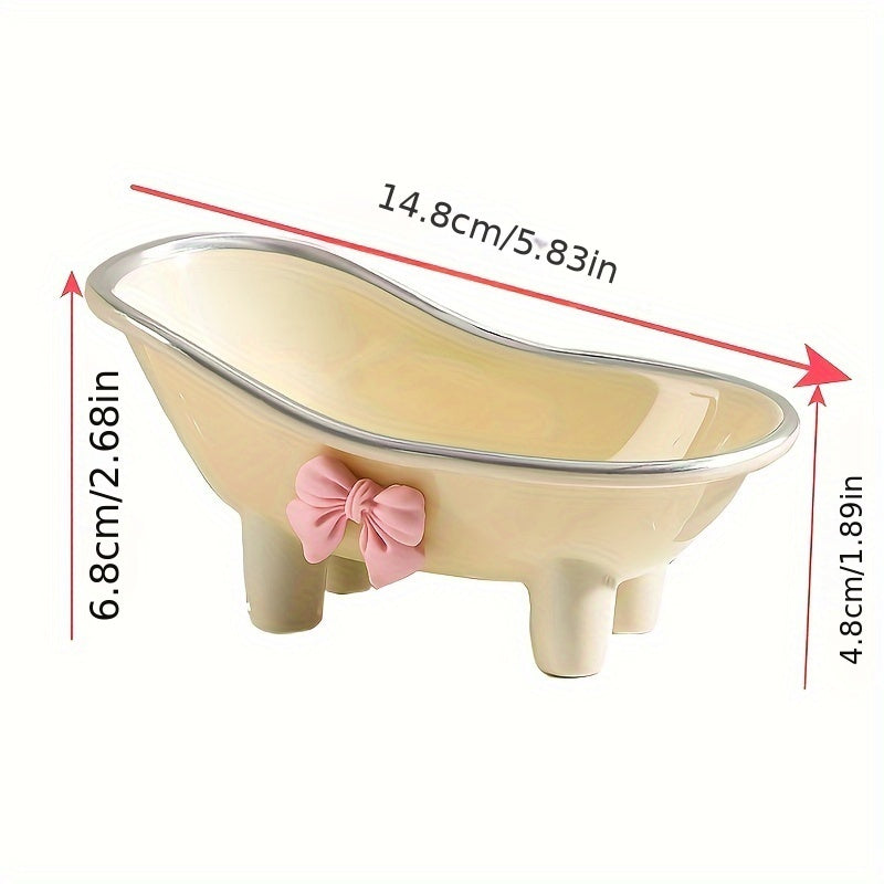1pc, Mini Bathtub-Shaped Soap Dish, Plastic Soap Holder, Charming Bathroom Accessory With Decorative Pink Bow, Durable Soap Tray For Bathroom & Kitchen Decor