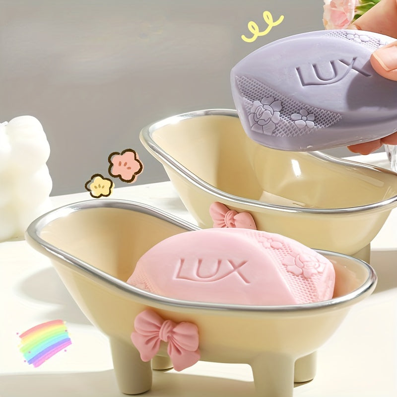 1pc, Mini Bathtub-Shaped Soap Dish, Plastic Soap Holder, Charming Bathroom Accessory With Decorative Pink Bow, Durable Soap Tray For Bathroom & Kitchen Decor